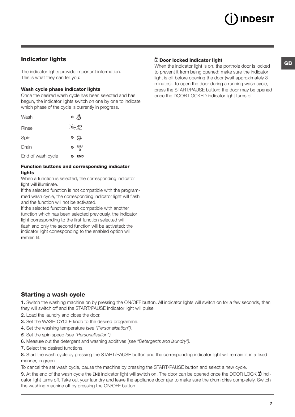 Indicator lights, Starting a wash cycle | Indesit IWUD 4125 User Manual | Page 7 / 84