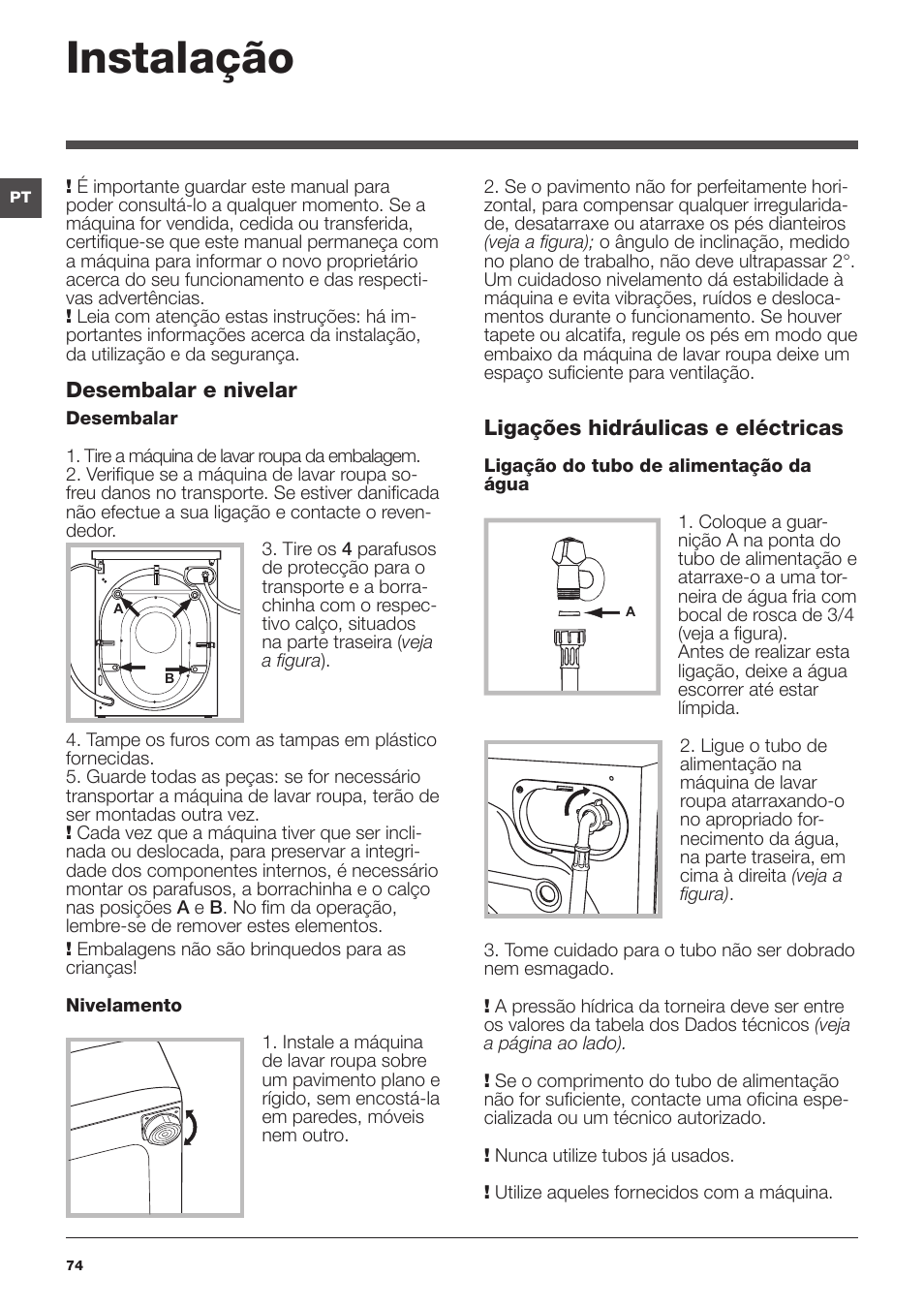 Instalação | Indesit IWUD 4125 User Manual | Page 74 / 84