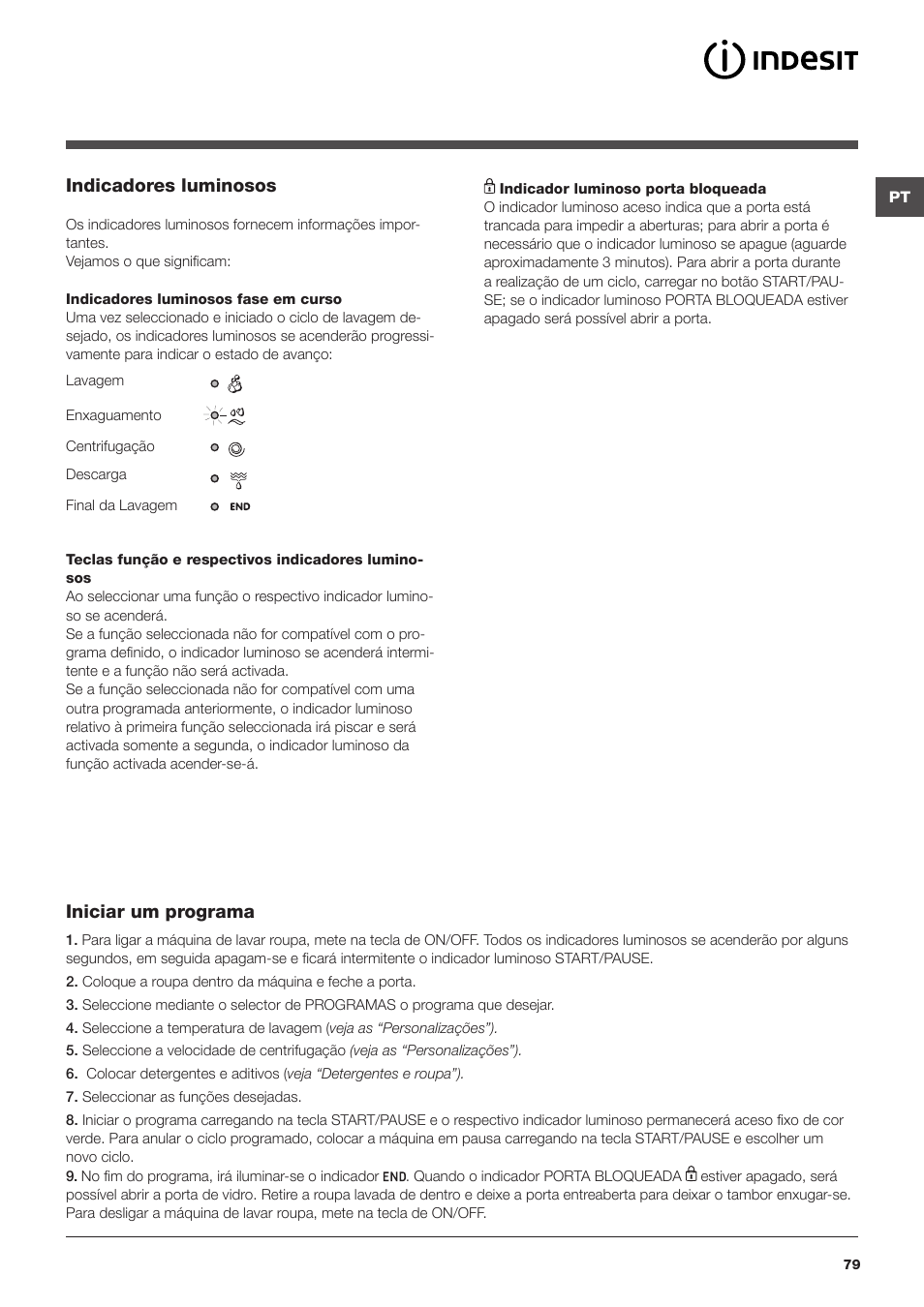 Indicadores luminosos, Iniciar um programa | Indesit IWUD 4125 User Manual | Page 79 / 84