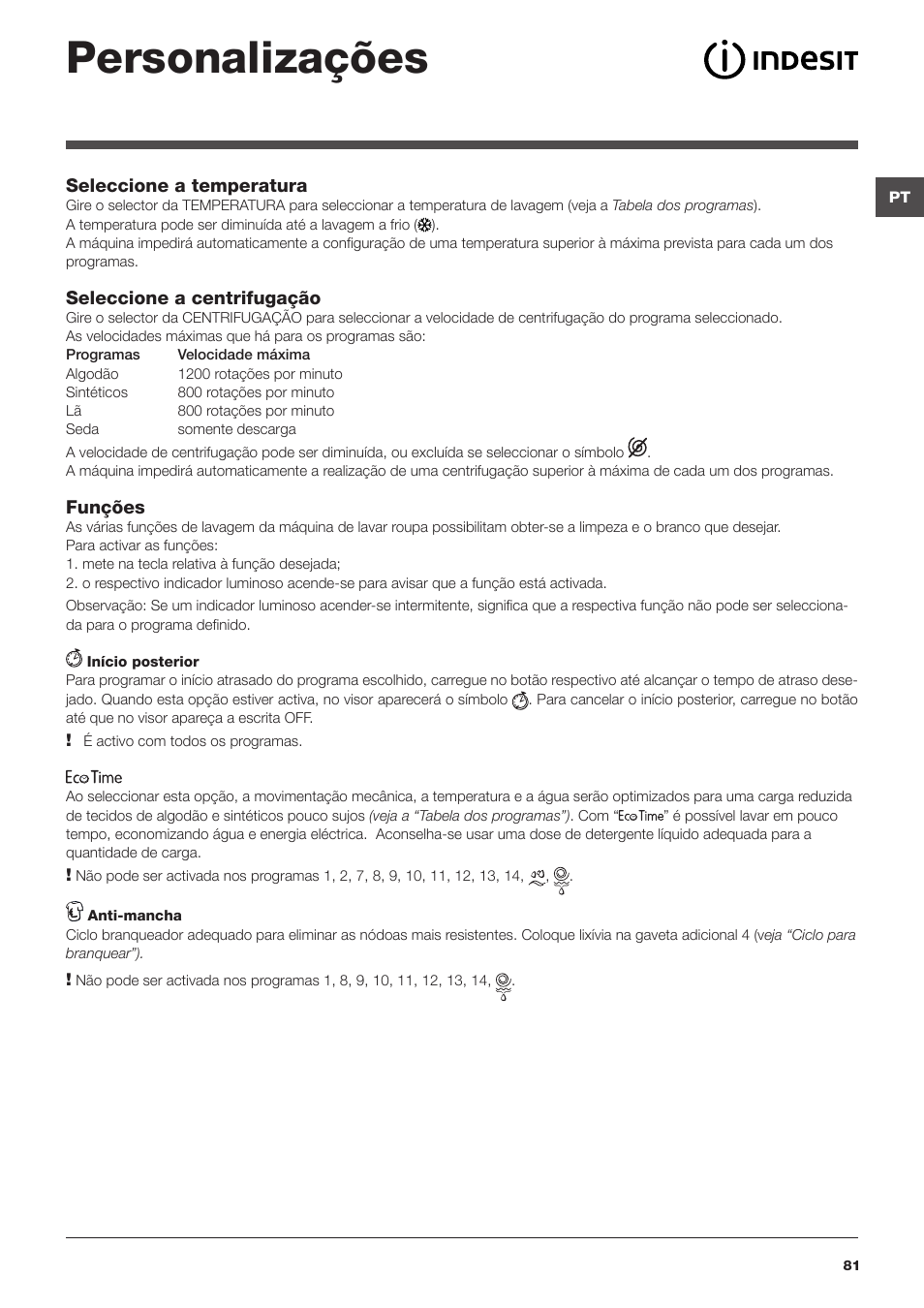 Personalizações | Indesit IWUD 4125 User Manual | Page 81 / 84