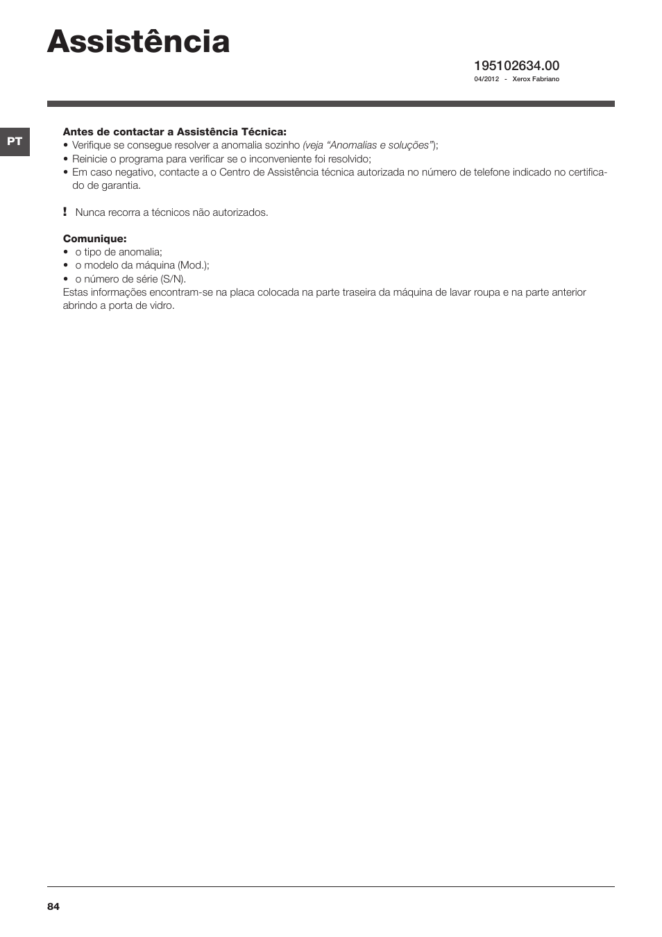 Assistência | Indesit IWUD 4125 User Manual | Page 84 / 84