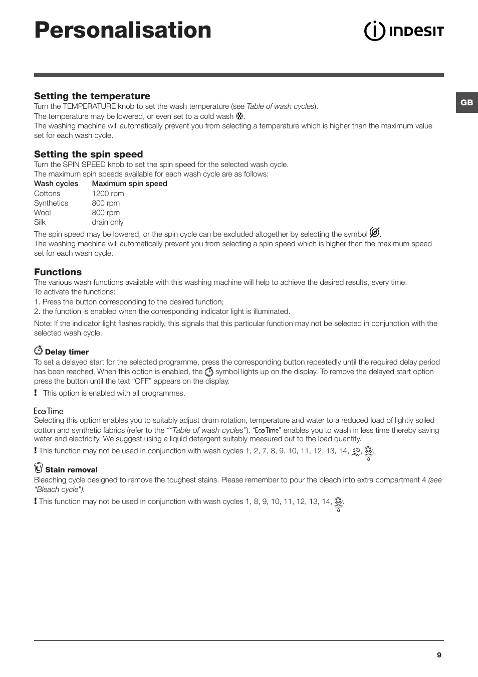 Personalisation | Indesit IWUD 4125 User Manual | Page 9 / 84