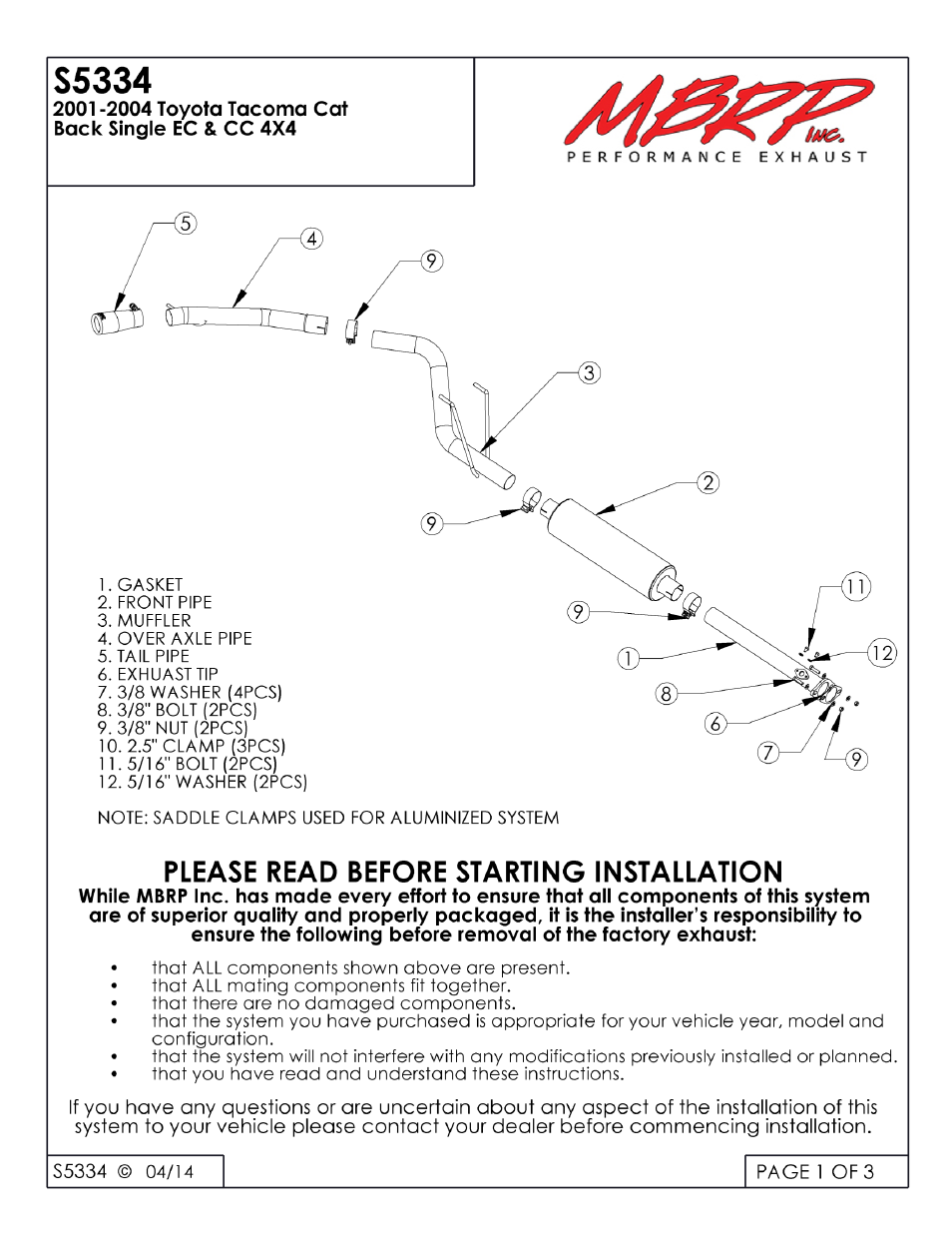 MBRP S5334 User Manual | 3 pages