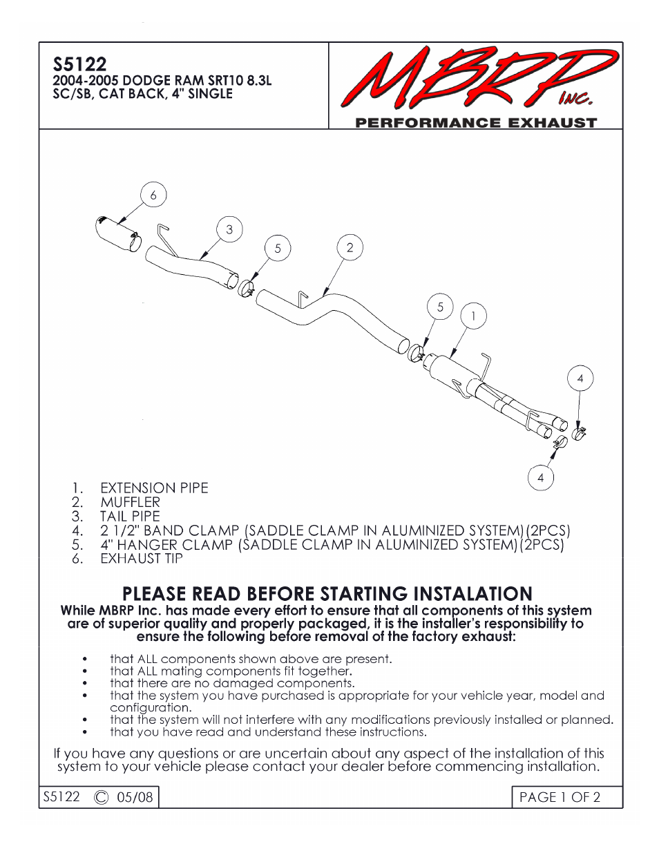 MBRP S5122 User Manual | 2 pages