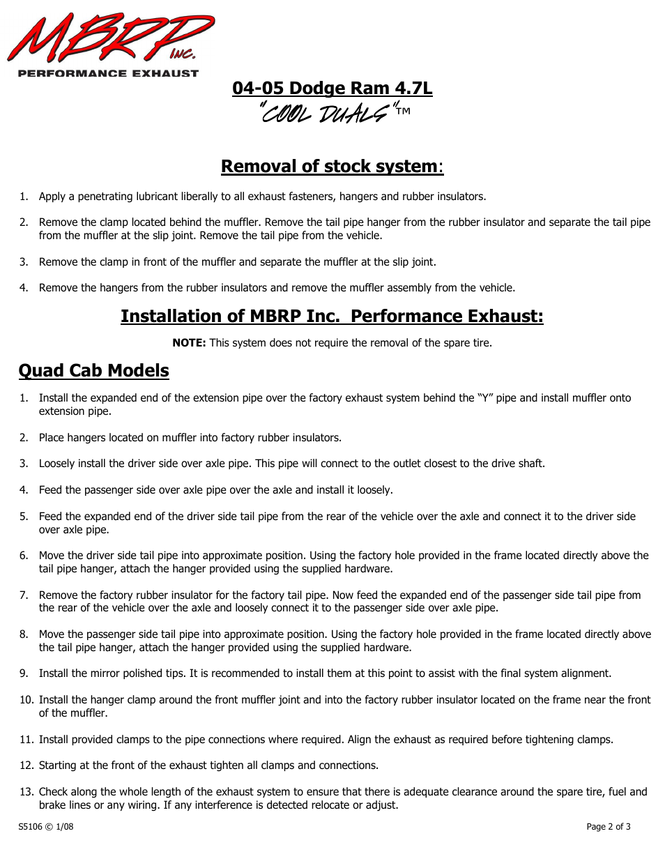 Cool duals, 05 dodge ram 4.7l, Removal of stock system | Installation of mbrp inc. performance exhaust, Quad cab models | MBRP S5106 User Manual | Page 2 / 3