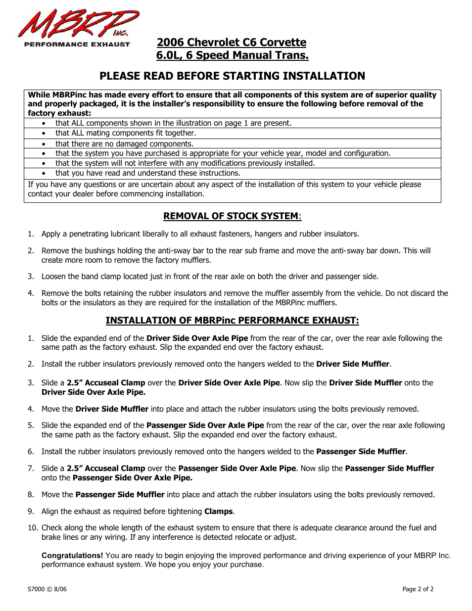 Please read before starting installation, Removal of stock system, Installation of mbrpinc performance exhaust | MBRP S7000304 User Manual | Page 2 / 2