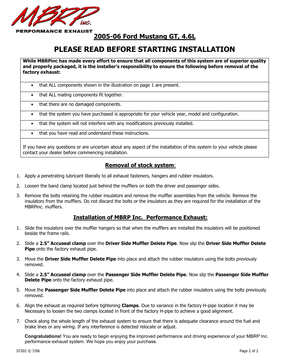 Please read before starting installation, Removal of stock system, Installation of mbrp inc. performance exhaust | MBRP S7202304 User Manual | Page 2 / 2