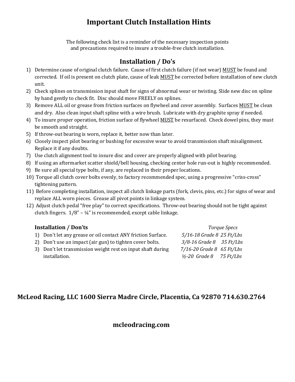 Important clutch installation hints | Mc Leod Soft Lok User Manual | Page 3 / 5
