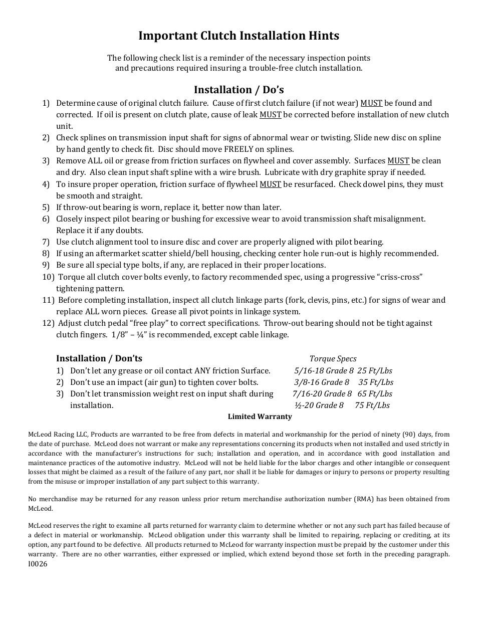 Important clutch installation hints, Installation / do’s | Mc Leod Pressure Plate User Manual | Page 4 / 4