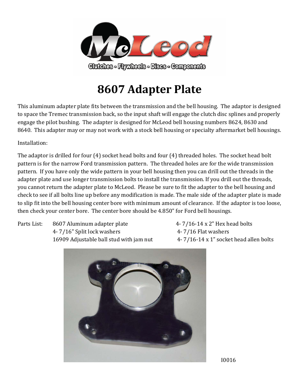 Mc Leod Adapter Plate User Manual | 1 page