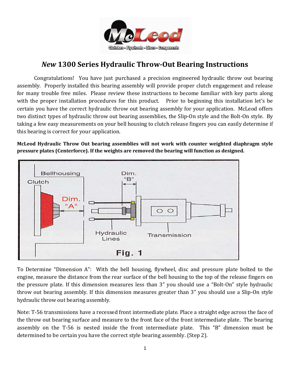Mc Leod 1300 Series Bolt On Hydraulic Bearing User Manual | 4 pages