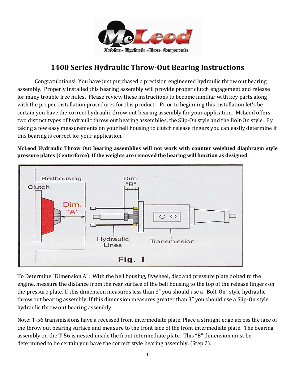 Mc Leod 1400 Series Slip On Hydraulic Bearing User Manual | 4 pages