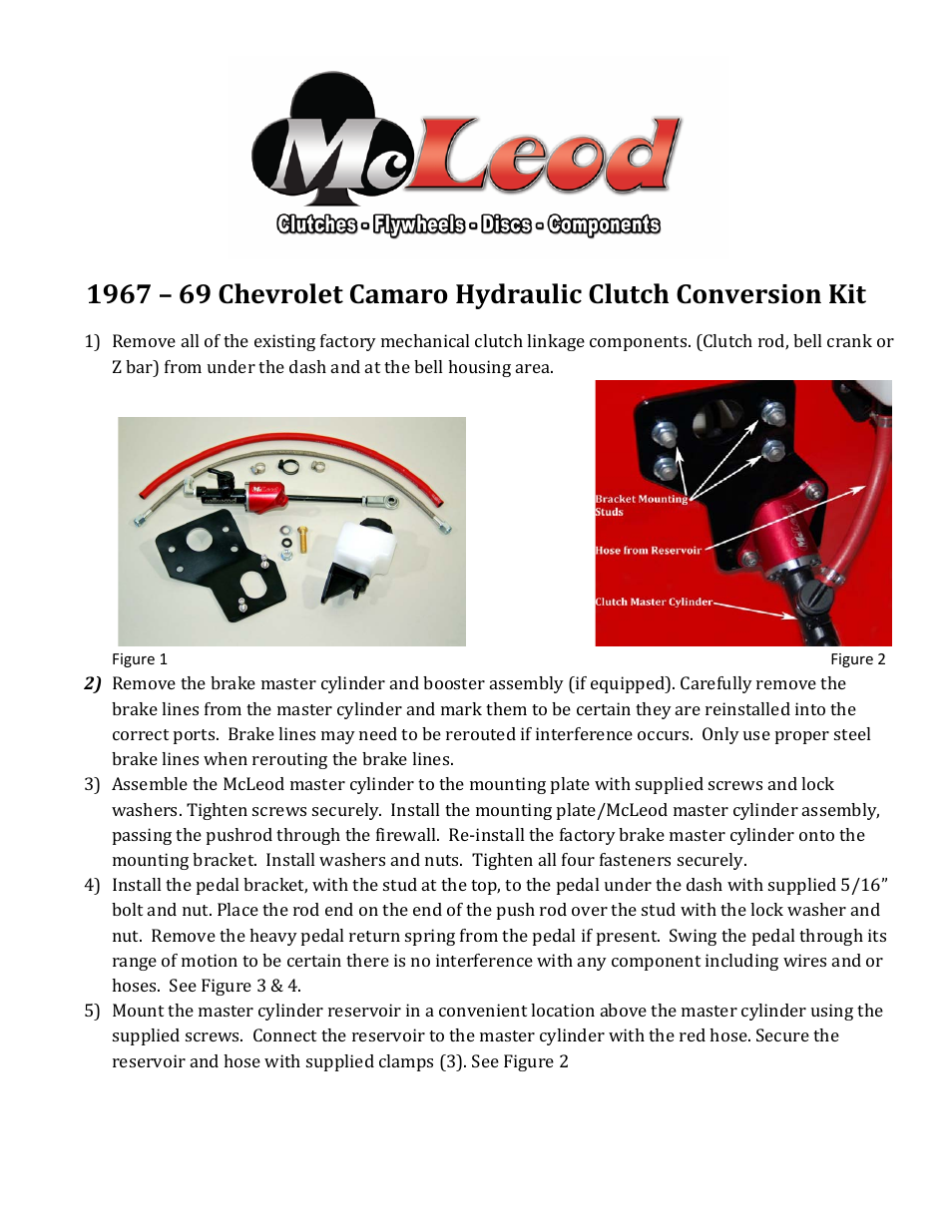 Mc Leod 1967-69 Camaro Hydraulic Conversion Instructions User Manual | 2 pages