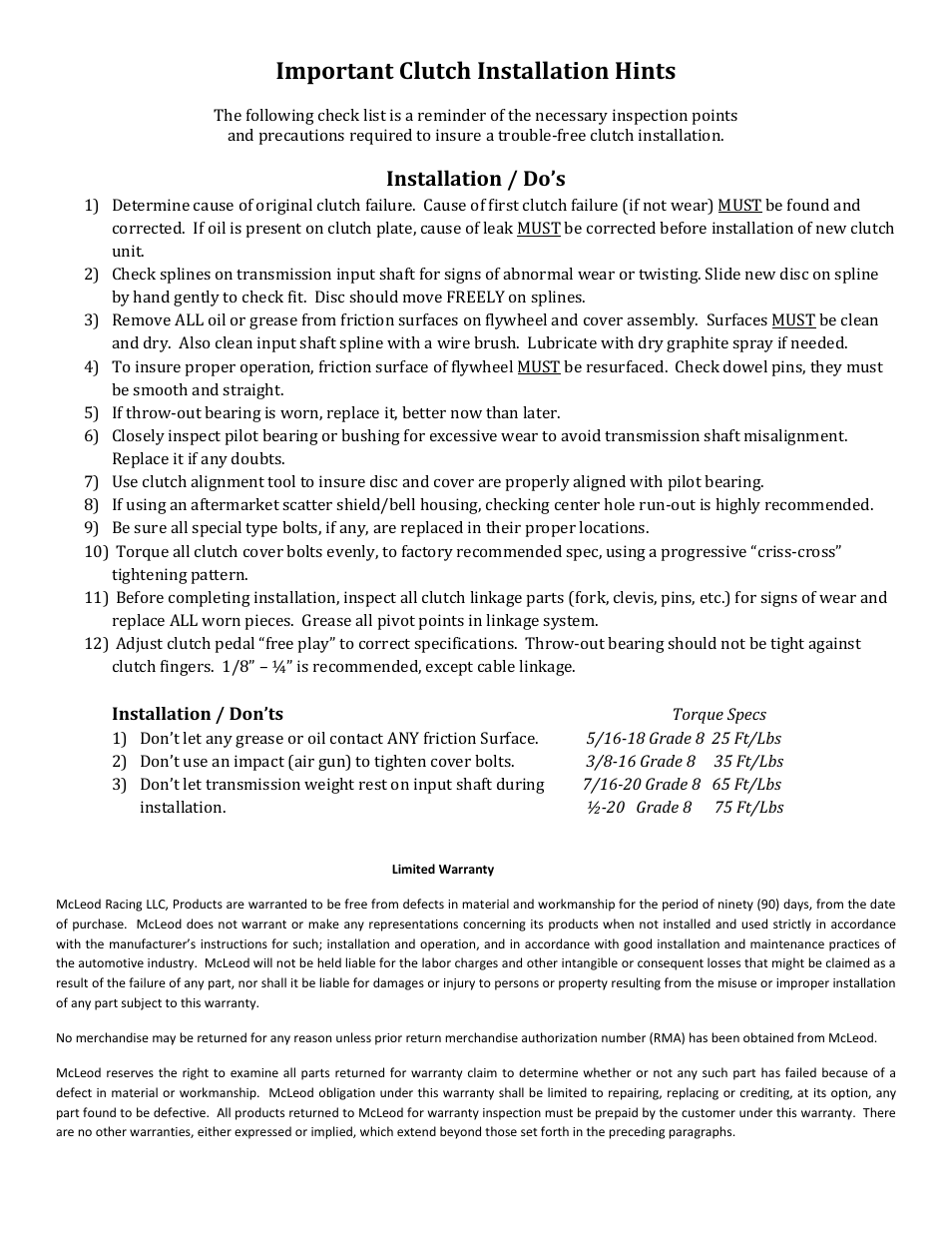 Important clutch installation hints, Installation / do’s | Mc Leod Mag Force User Manual | Page 4 / 4