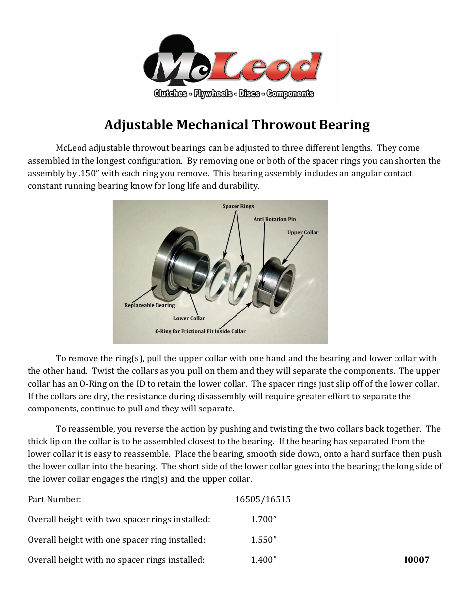 Mc Leod Adjustable Mech T.O. Bearing User Manual | 1 page