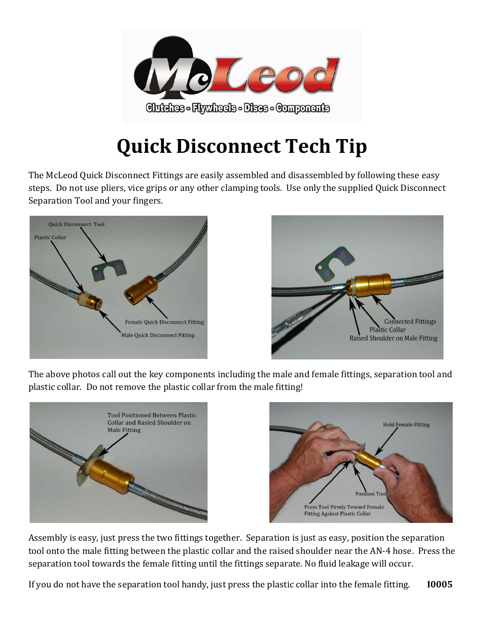 Mc Leod Quick Disconnect Hydraulic Fitting User Manual | 1 page