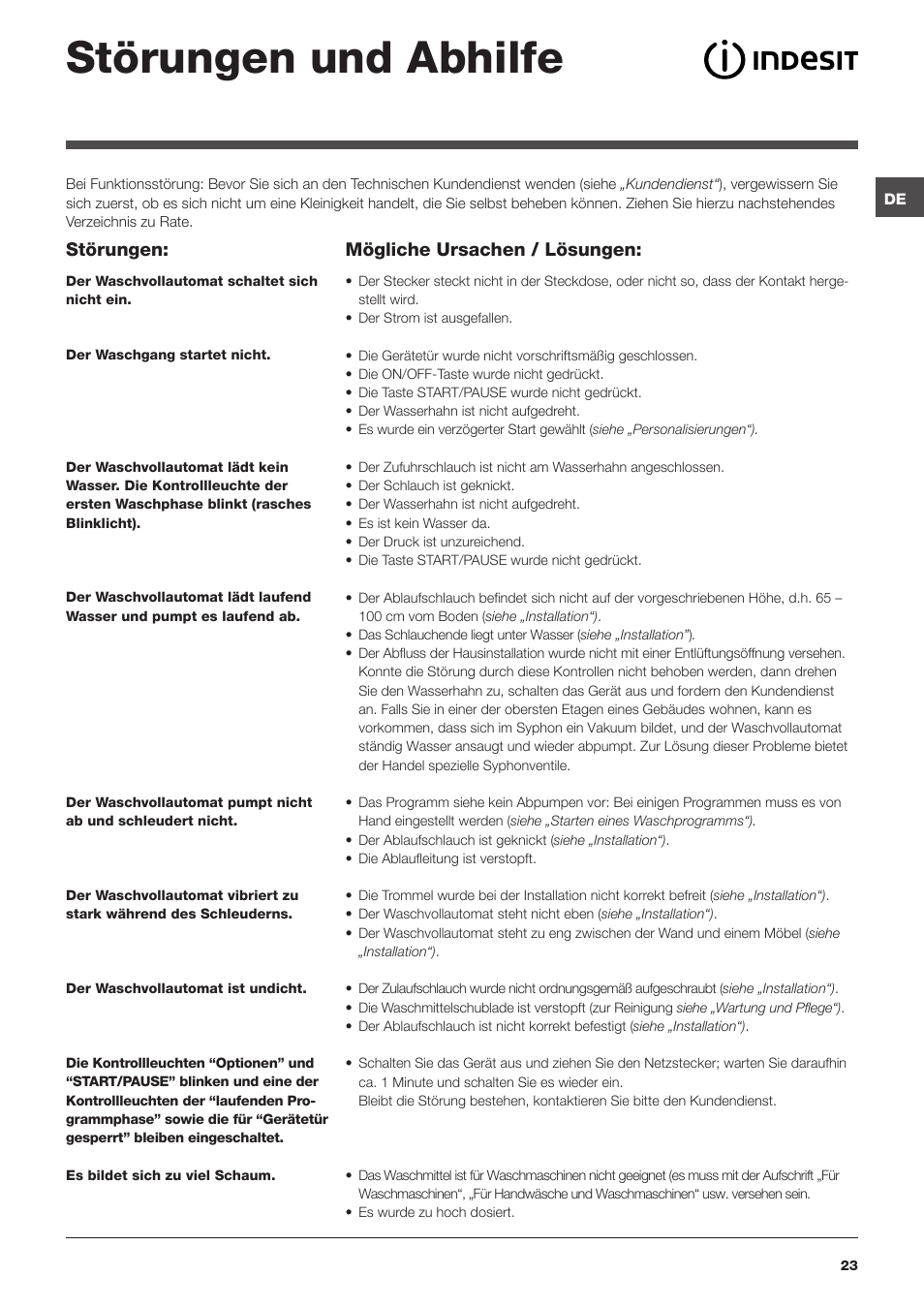 Störungen und abhilfe, Störungen, Mögliche ursachen / lösungen | Indesit IWB 5125 User Manual | Page 23 / 48