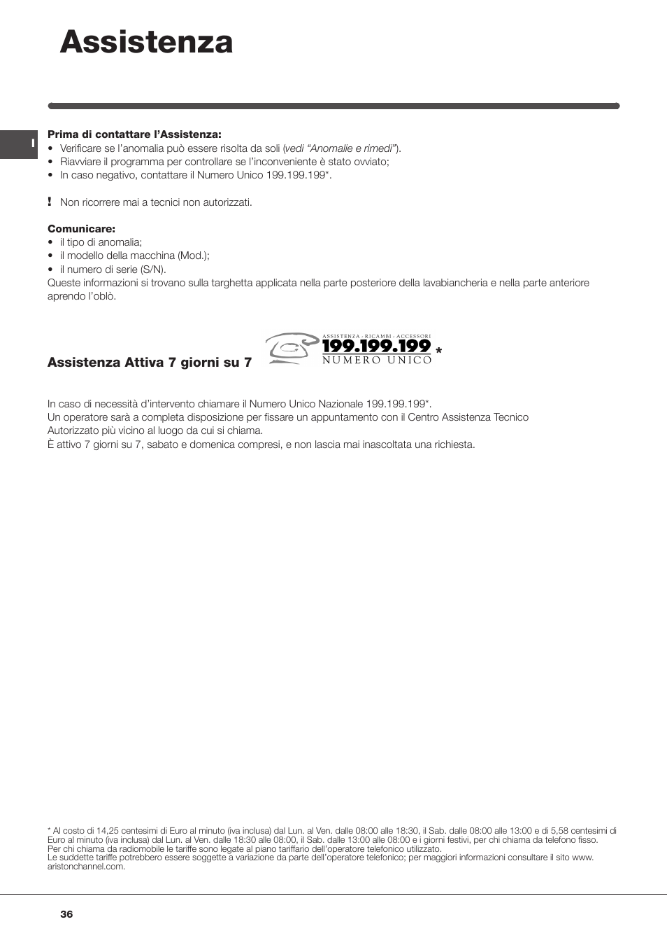 Assistenza | Indesit IWB 5125 User Manual | Page 36 / 48