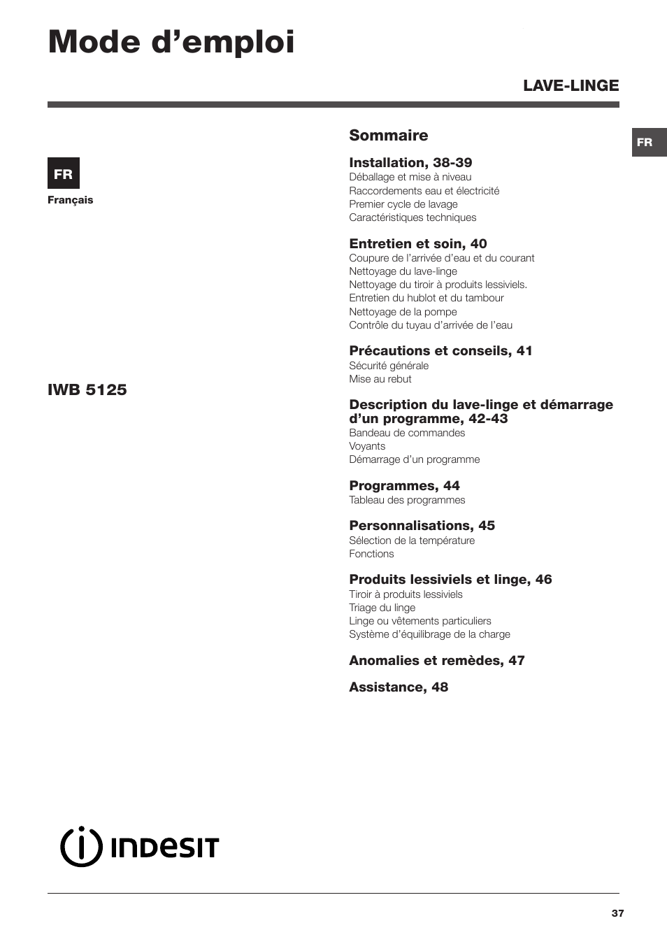Mode d’emploi | Indesit IWB 5125 User Manual | Page 37 / 48