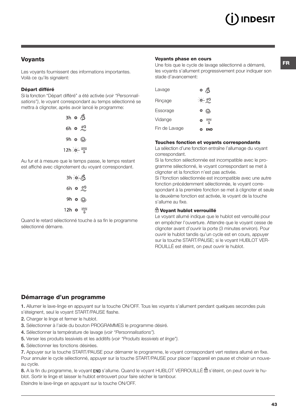 Voyants, Démarrage d’un programme | Indesit IWB 5125 User Manual | Page 43 / 48
