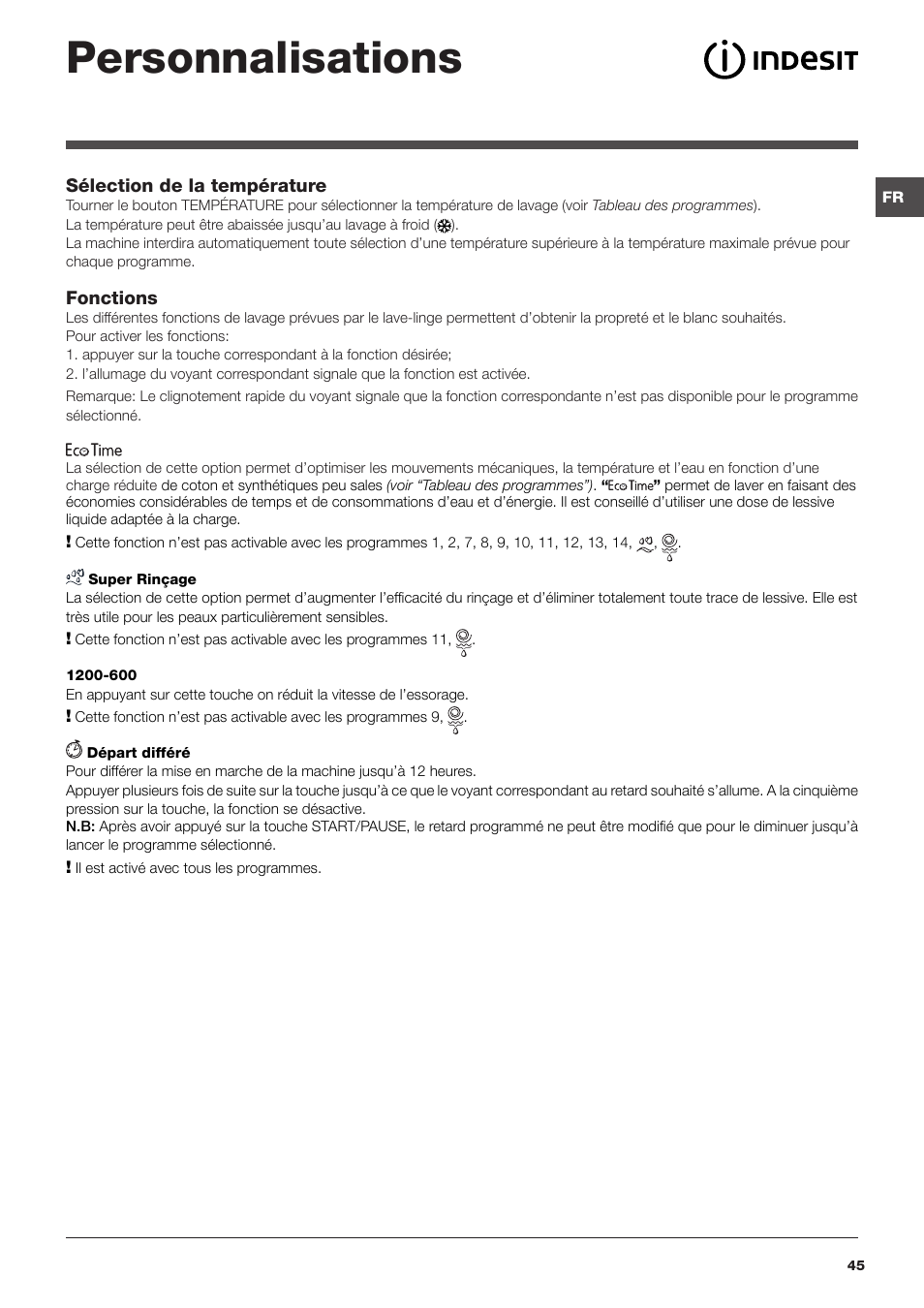 Personnalisations | Indesit IWB 5125 User Manual | Page 45 / 48