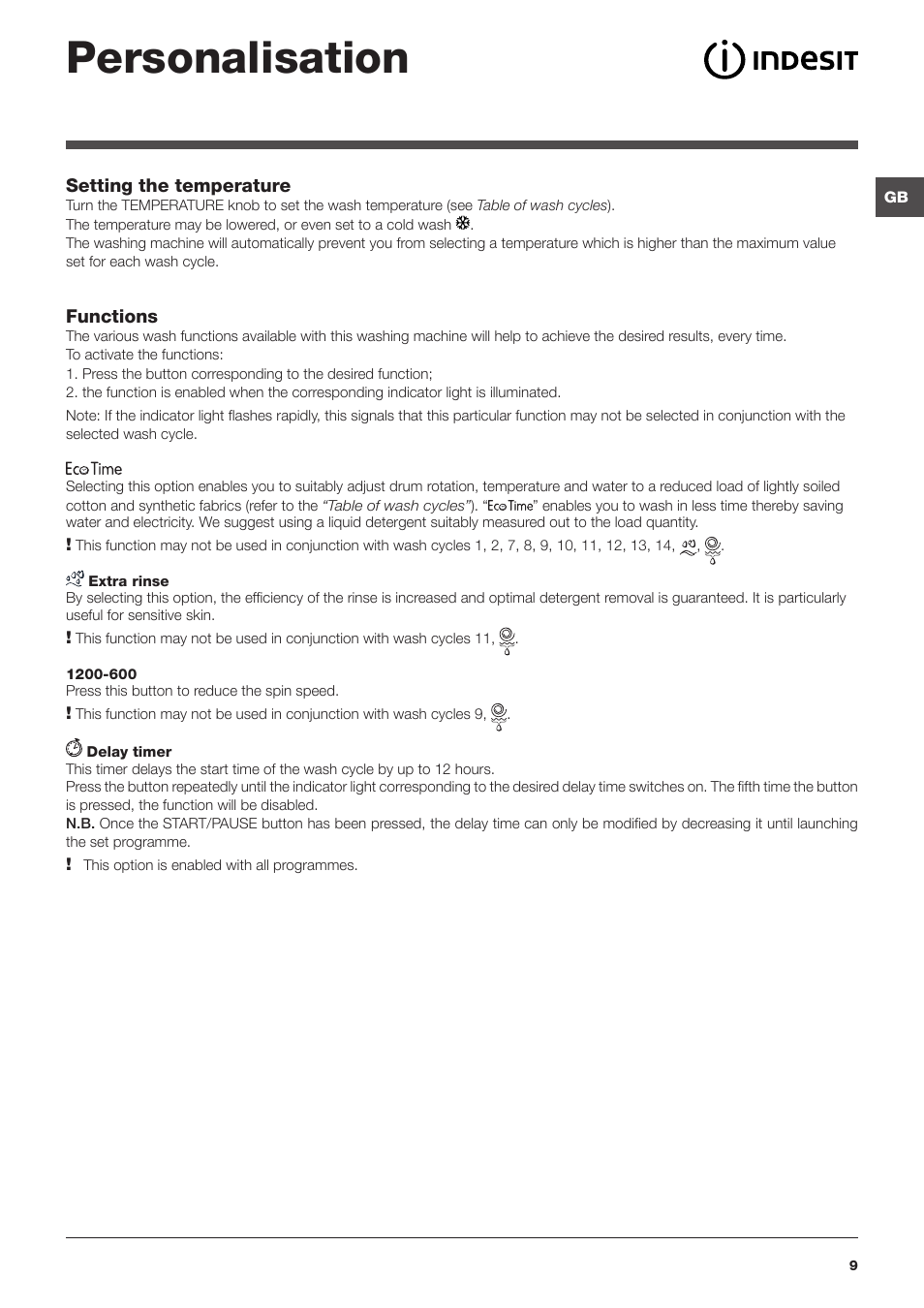 Personalisation | Indesit IWB 5125 User Manual | Page 9 / 48