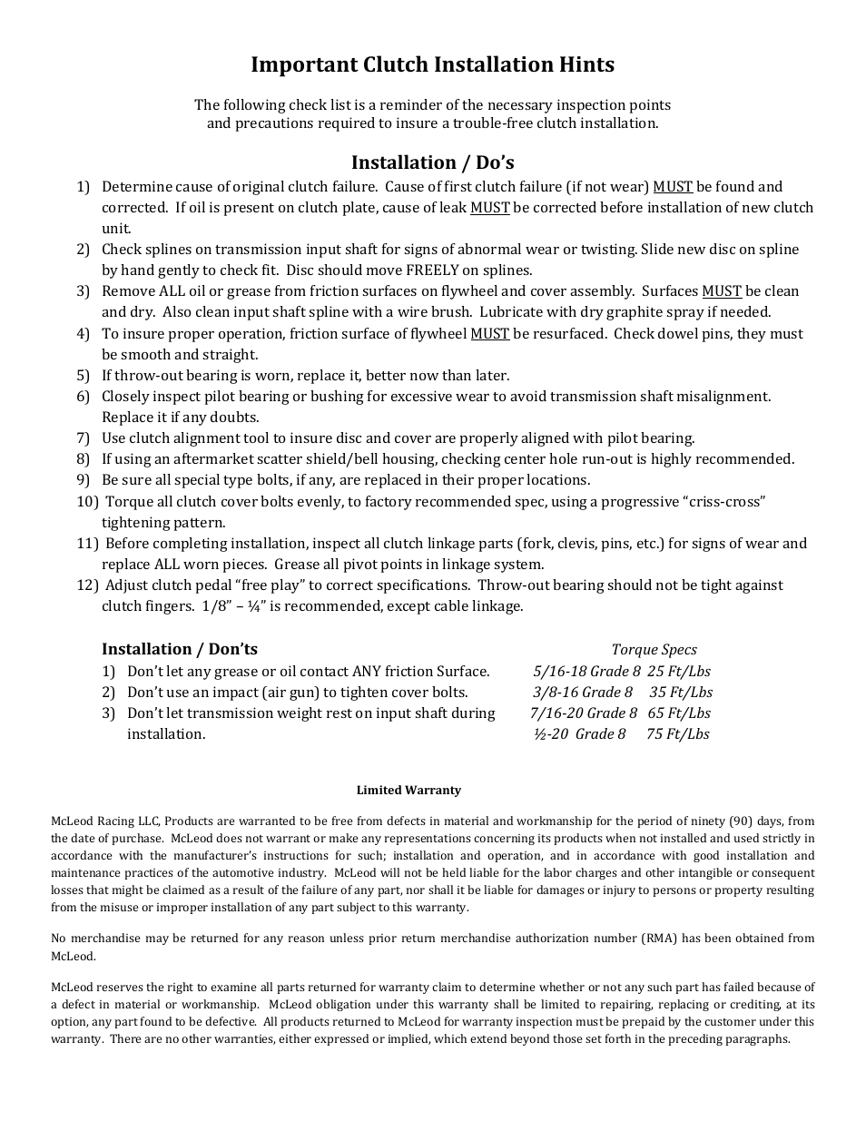 Important clutch installation hints, Installation / do’s | Mc Leod RST/RXT User Manual | Page 4 / 4