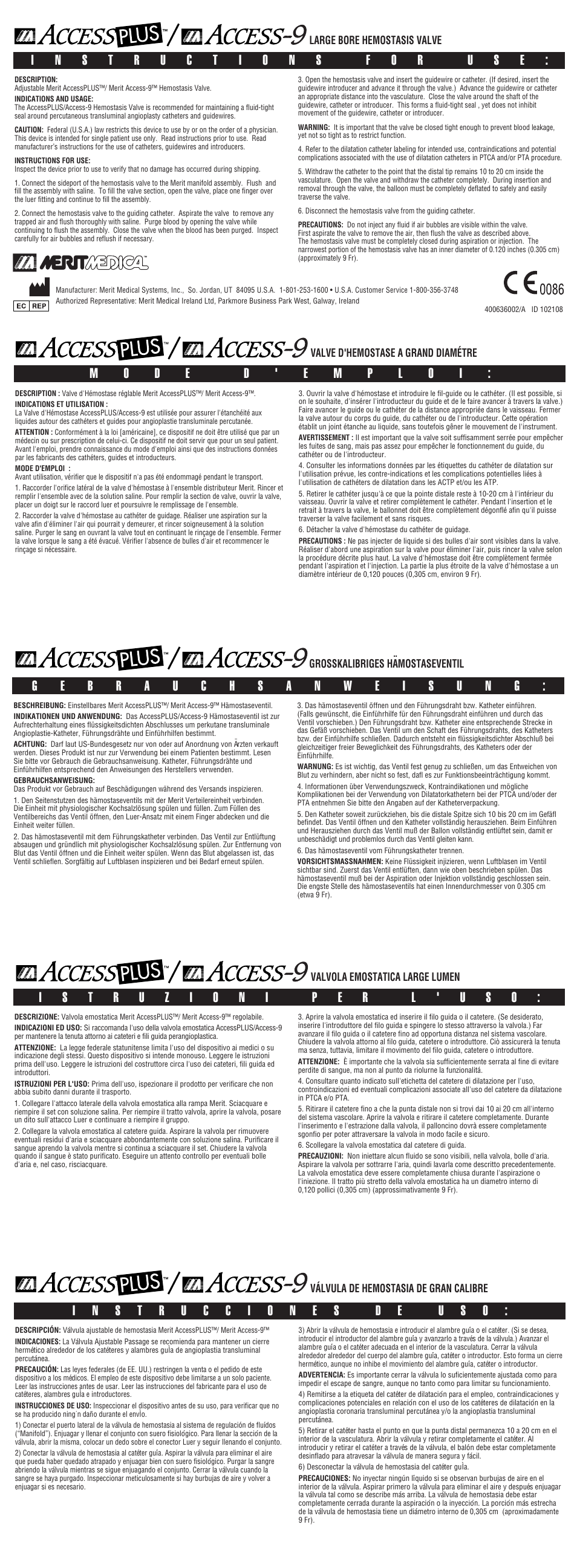 Merit Medical Access-9 Hemostasis Valve User Manual | 2 pages