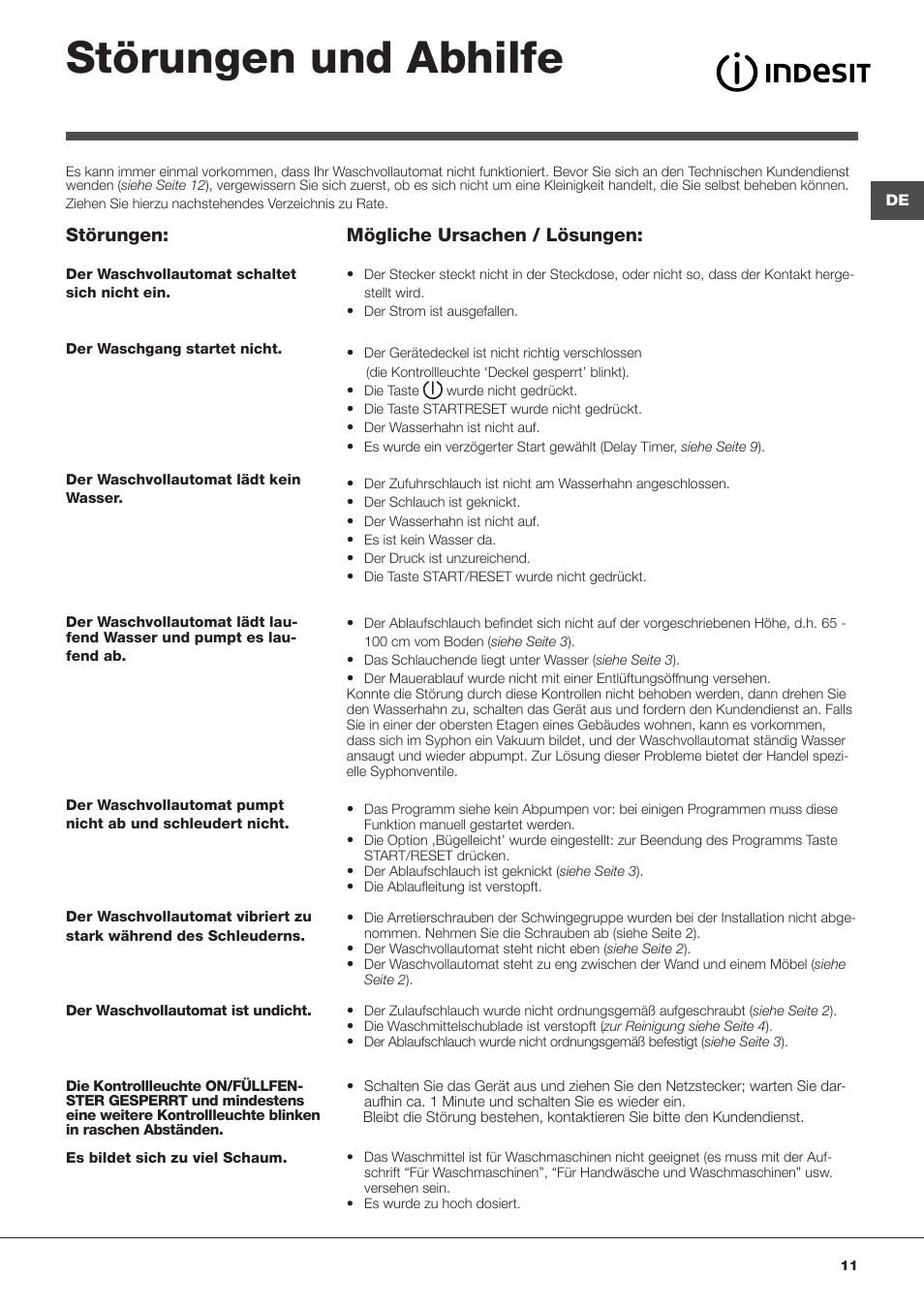 Störungen und abhilfe, Störungen, Mögliche ursachen / lösungen | Indesit WITL 1051 User Manual | Page 11 / 48