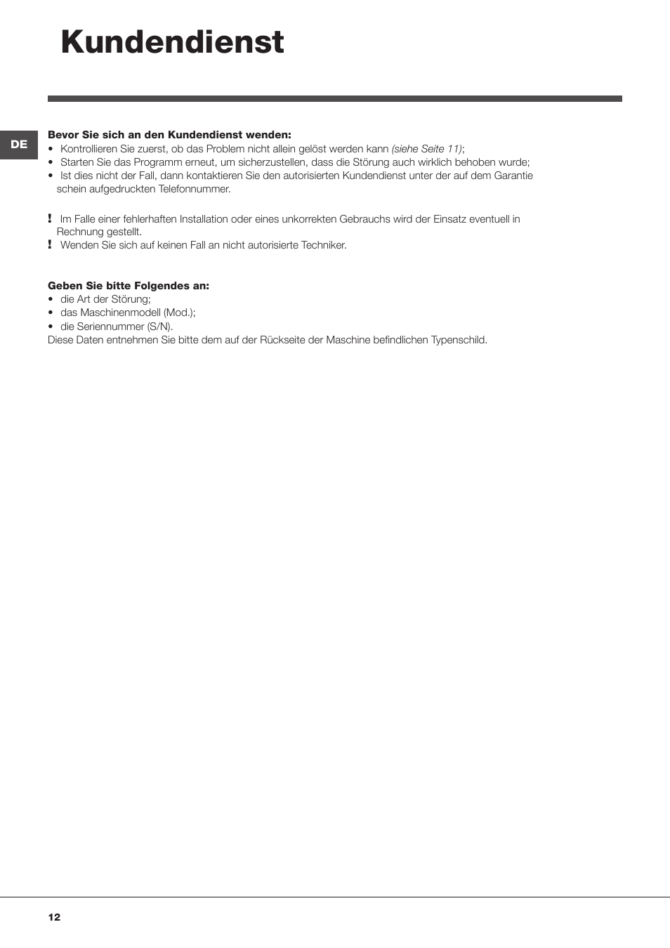Kundendienst | Indesit WITL 1051 User Manual | Page 12 / 48