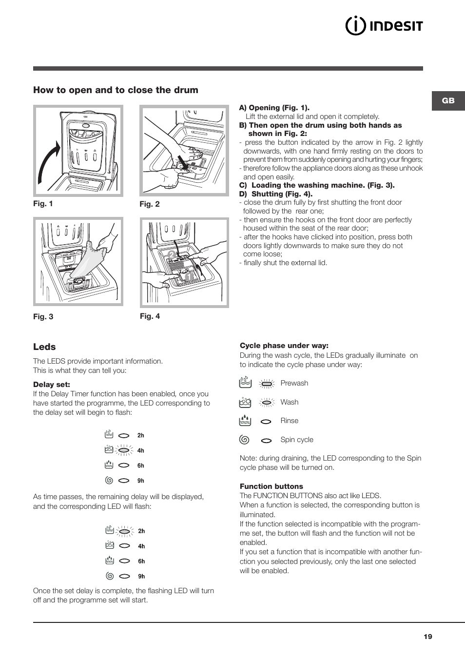 How to open and to close the drum, Leds | Indesit WITL 1051 User Manual | Page 19 / 48