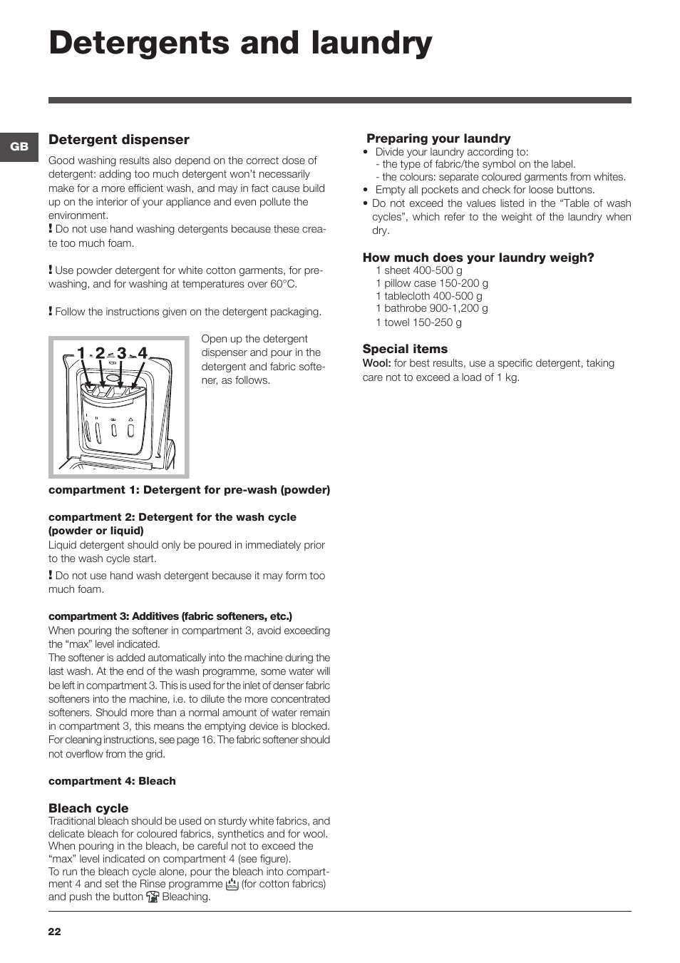 Detergents and laundry | Indesit WITL 1051 User Manual | Page 22 / 48