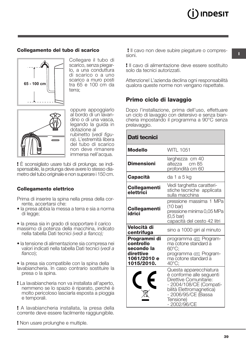 Indesit WITL 1051 User Manual | Page 39 / 48