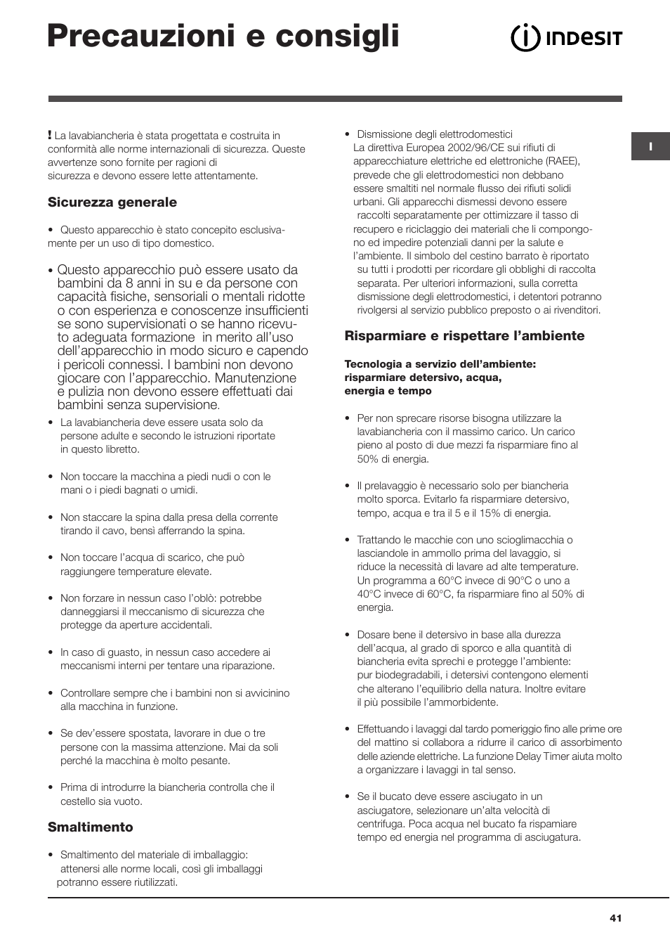 Precauzioni e consigli | Indesit WITL 1051 User Manual | Page 41 / 48