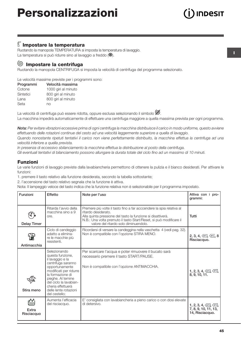 Personalizzazioni, Impostare la temperatura, Impostare la centrifuga | Funzioni | Indesit WITL 1051 User Manual | Page 45 / 48