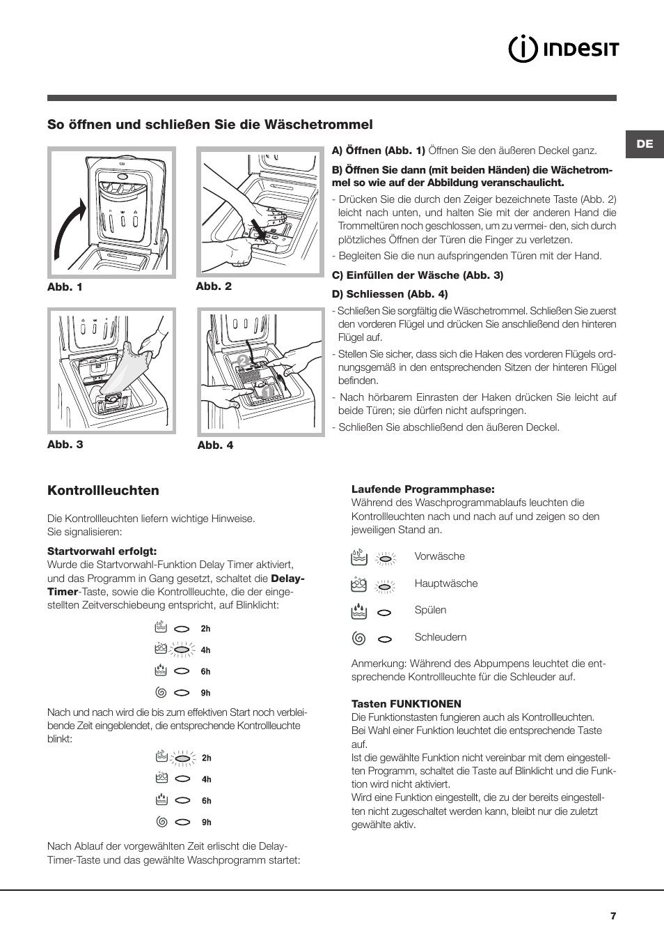 Kontrollleuchten, So öffnen und schließen sie die wäschetrommel | Indesit WITL 1051 User Manual | Page 7 / 48