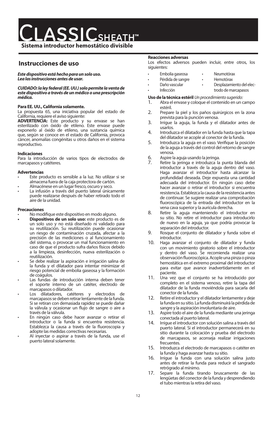 Classic, Sheath, Instrucciones de uso | Merit Medical ClassicSheath Splittable Hemostatic Introducer System User Manual | Page 12 / 48