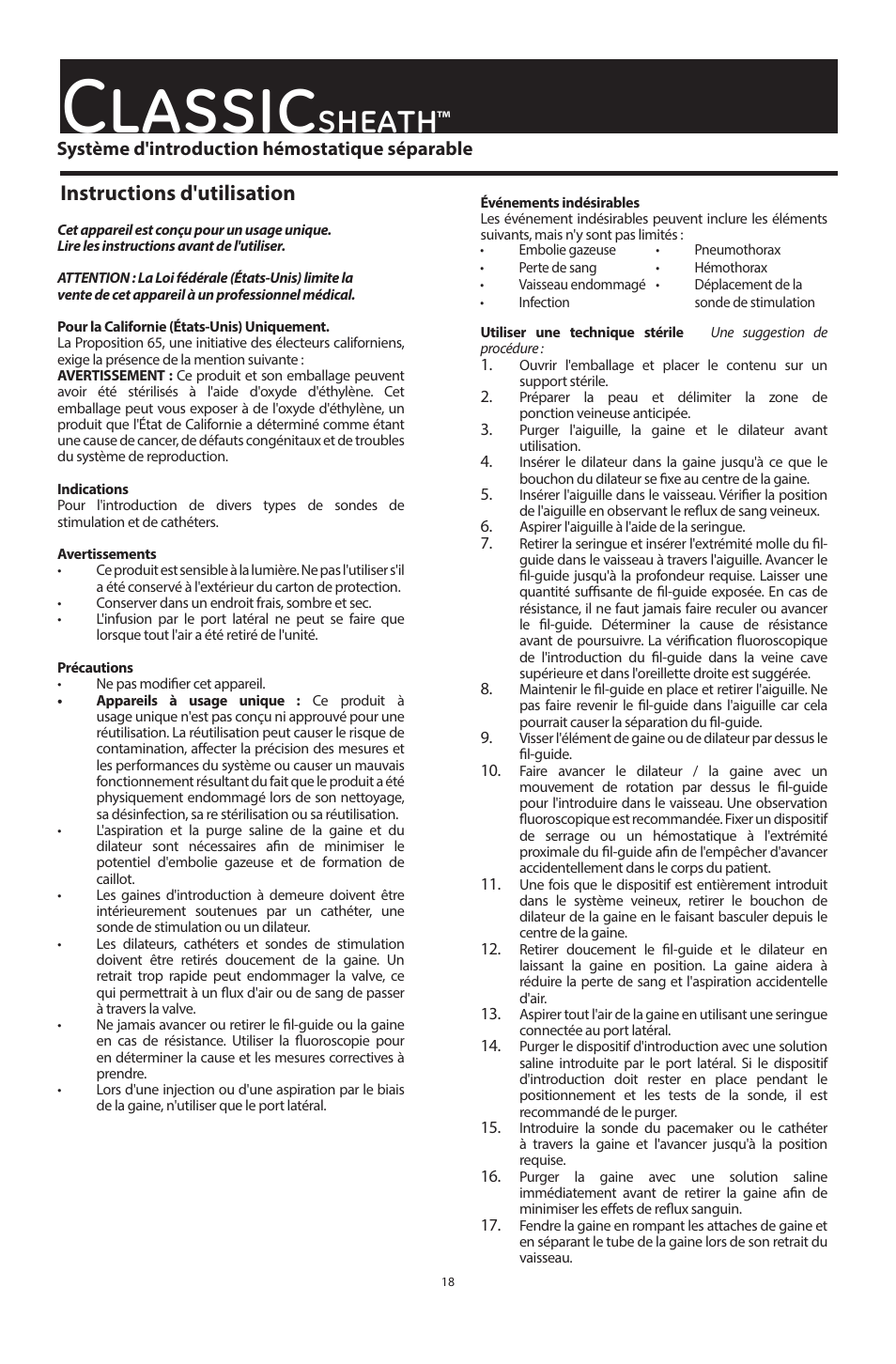 Classic, Sheath, Instructions d'utilisation | Merit Medical ClassicSheath Splittable Hemostatic Introducer System User Manual | Page 18 / 48