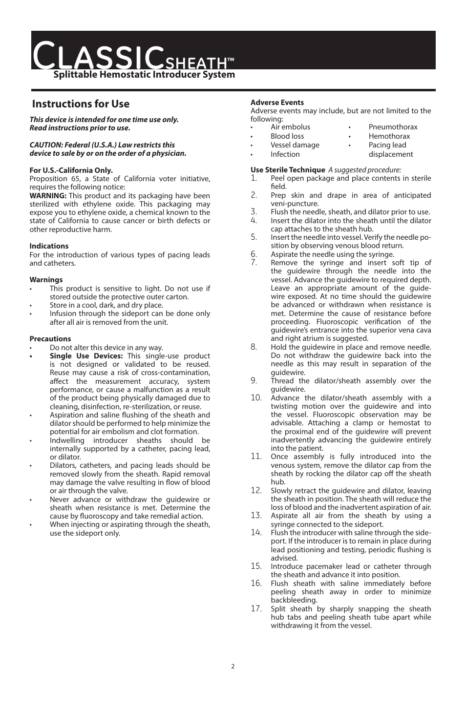 Classic, Sheath, Instructions for use | Merit Medical ClassicSheath Splittable Hemostatic Introducer System User Manual | Page 2 / 48