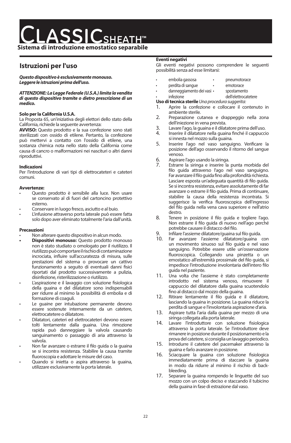 Classic, Sheath, Istruzioni per l'uso | Merit Medical ClassicSheath Splittable Hemostatic Introducer System User Manual | Page 22 / 48
