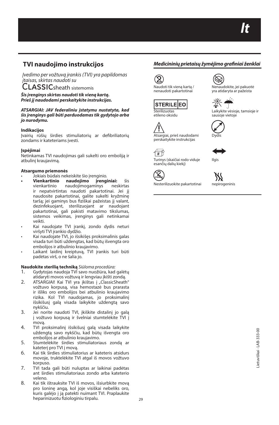 Classic, Tvi naudojimo instrukcijos, Sheath | Merit Medical ClassicSheath Splittable Hemostatic Introducer System User Manual | Page 29 / 48