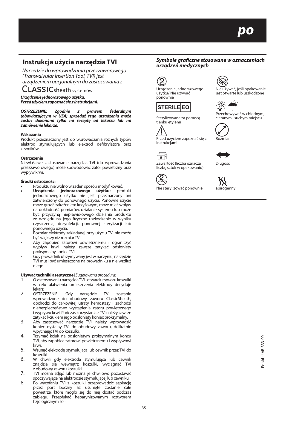Classic, Instrukcja użycia narzędzia tvi, Sheath | Merit Medical ClassicSheath Splittable Hemostatic Introducer System User Manual | Page 35 / 48