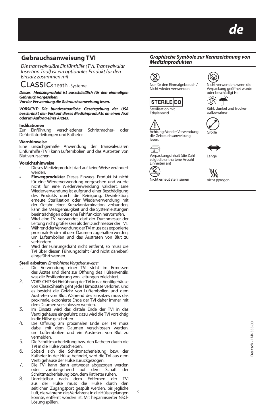 Classic, Gebrauchsanweisung tvi, Sheath | Merit Medical ClassicSheath Splittable Hemostatic Introducer System User Manual | Page 9 / 48