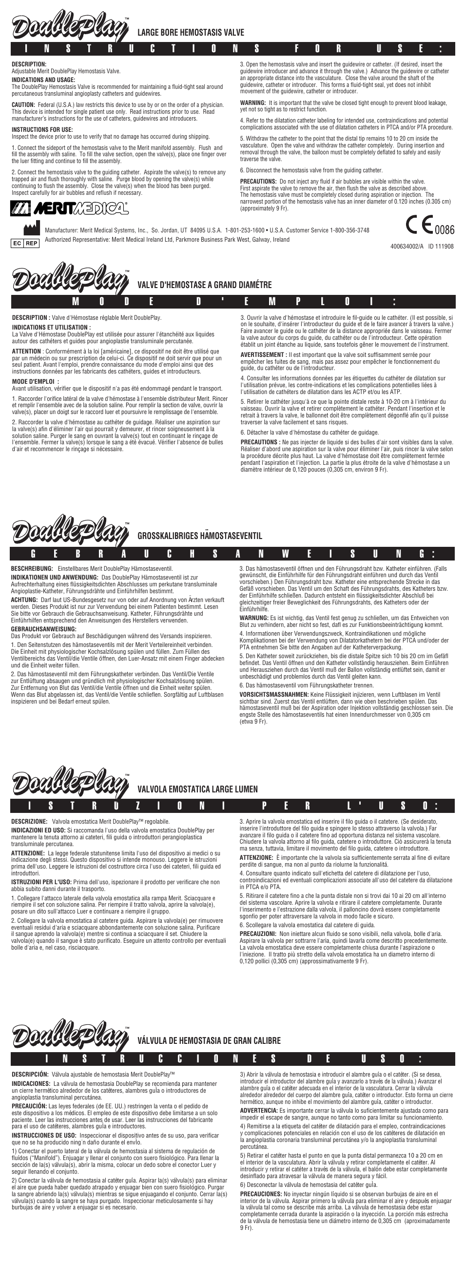 Merit Medical DoublePlay Large Bore Hemostasis Valve User Manual | 2 pages