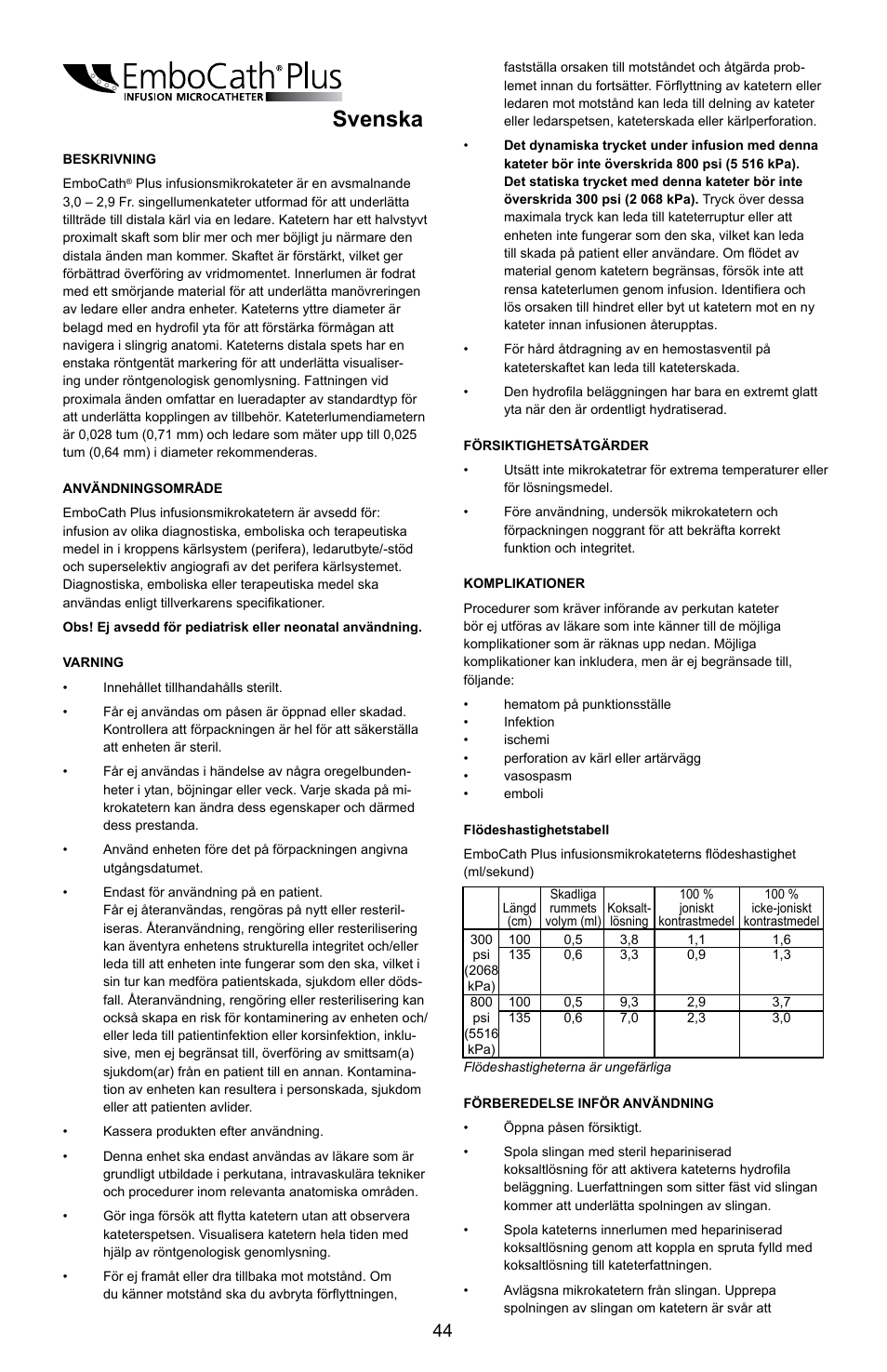 Svenska | Merit Medical EmboCath Plus Infusion Microcatheter IFU User Manual | Page 46 / 49