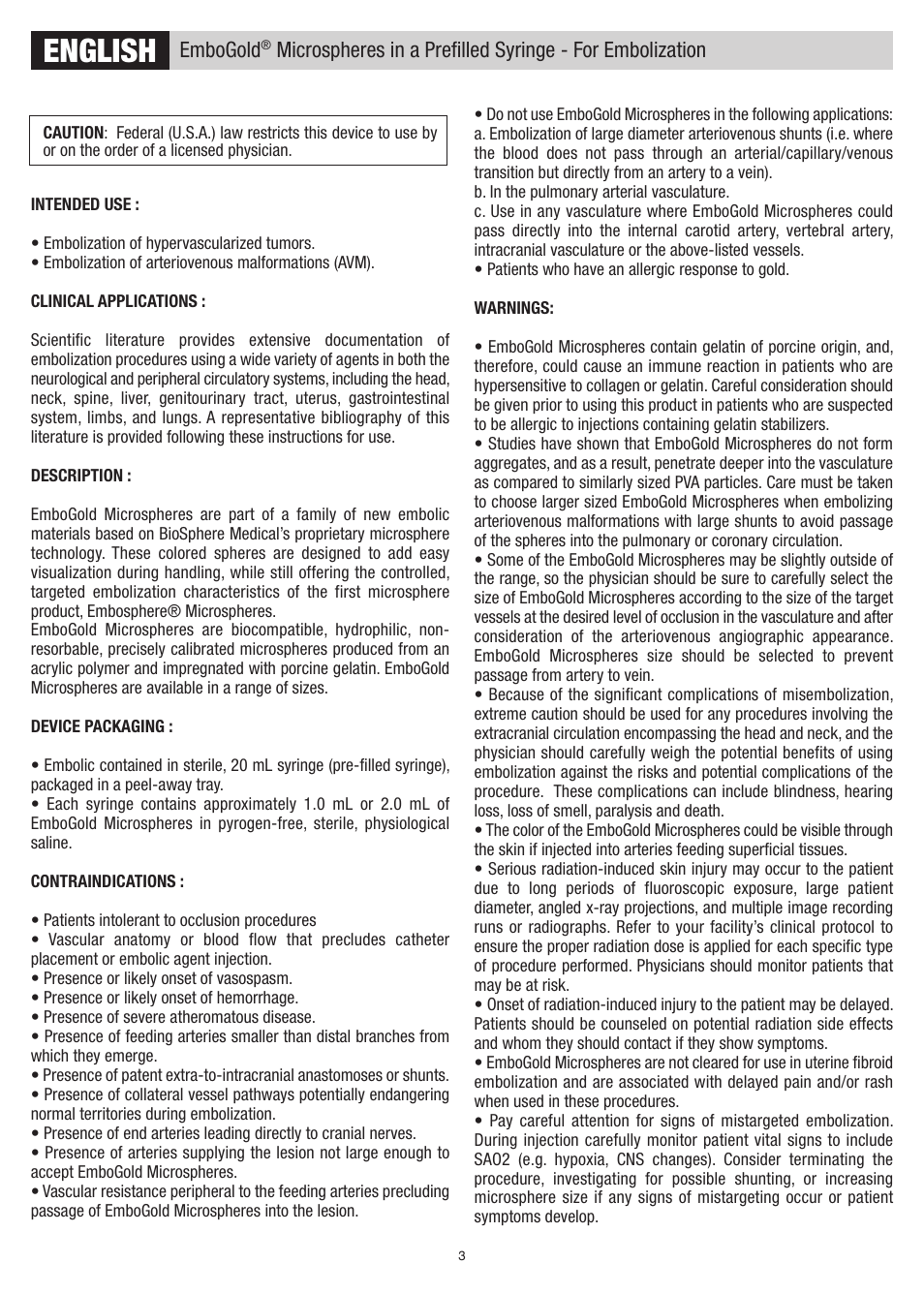 English, Embogold | Merit Medical EmboGold Microspheres Prefilled Syringe IFU-US User Manual | Page 3 / 16