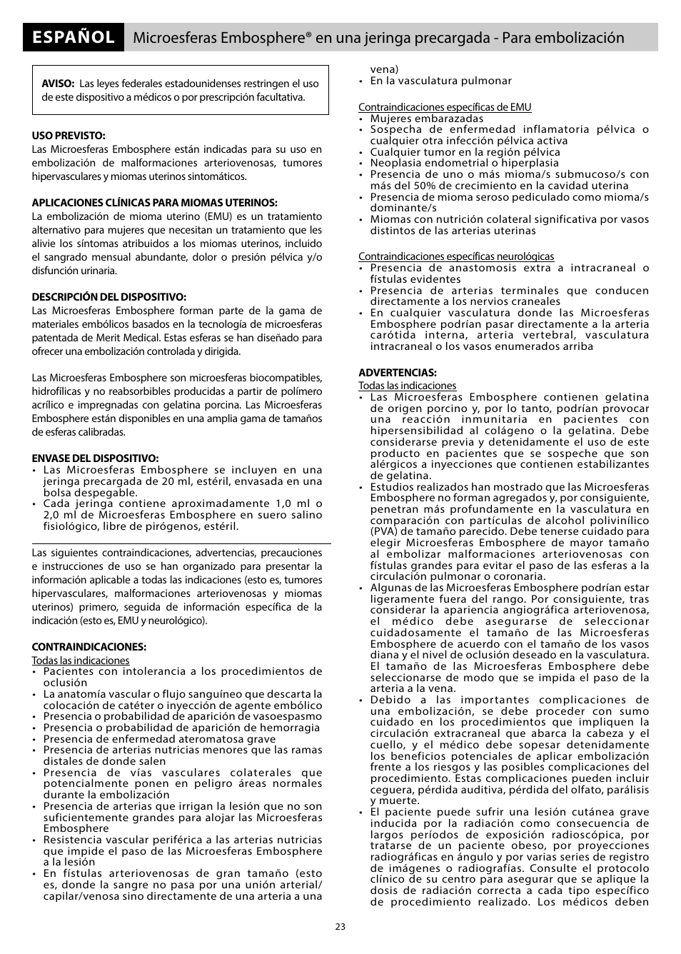 Español | Merit Medical Embosphere Microspheres Prefilled Syringe IFU-US User Manual | Page 23 / 36
