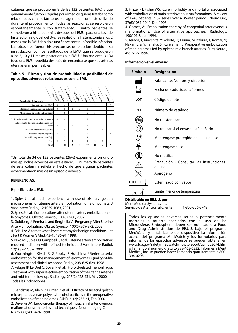 Código de lote, Número de catálogo, No reesterilizar | No utilizar si el envase está dañado, Manténgase protegido de la luz del sol, Manténgase seco, No reutilizar, Precaución - consultar las instrucciones de uso, Apirógeno, Esterilizado con vapor | Merit Medical Embosphere Microspheres Prefilled Syringe IFU-US User Manual | Page 29 / 36