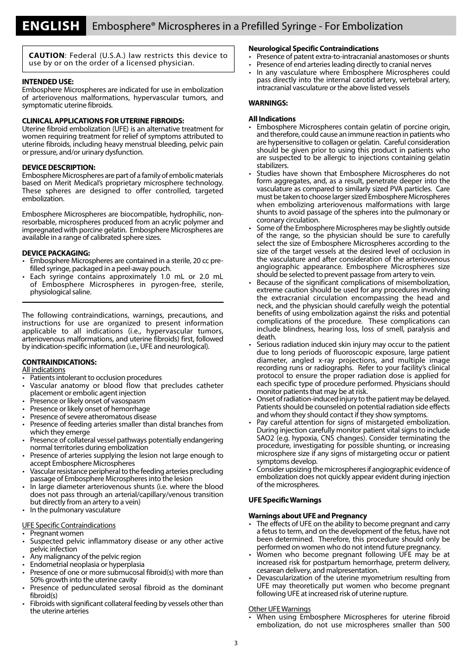 English | Merit Medical Embosphere Microspheres Prefilled Syringe IFU-US User Manual | Page 3 / 36