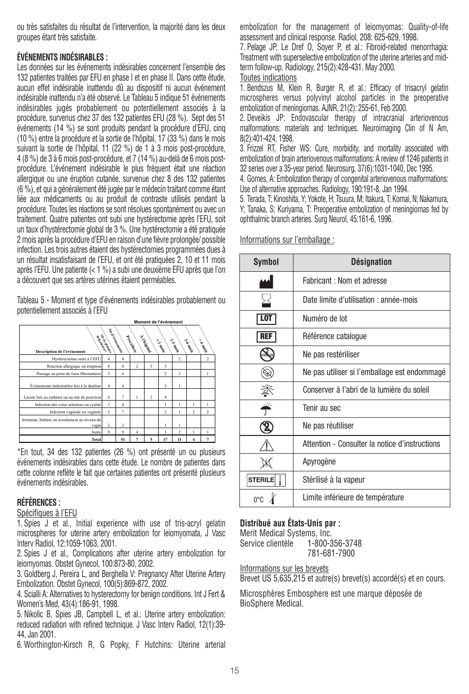 Numéro de lot, Référence catalogue, Stérilisé à la vapeur | Limite inférieure de température | Merit Medical Embosphere Microspheres Sterile Vial IFU-US User Manual | Page 15 / 40
